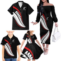 New Zealand Rugby Custom Family Matching Off The Shoulder Long Sleeve Dress and Hawaiian Shirt Sporty Silver Fern Shape with Maori Tattoos - Polynesian Pride