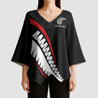 New Zealand Rugby Custom Kimono Sleeve Blouse Sporty Silver Fern Shape with Maori Tattoos - Polynesian Pride