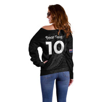 New Zealand Rugby Custom Off Shoulder Sweater Sporty Silver Fern Shape with Maori Tattoos - Polynesian Pride