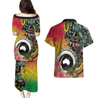 Vanuatu and Australia Together Couples Matching Puletasi and Hawaiian Shirt Kangaroo with Pig Tusk Indigenous Pattern LT03 - Polynesian Pride