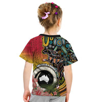 Vanuatu and Australia Together Kid T Shirt Kangaroo with Pig Tusk Indigenous Pattern