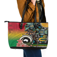 Vanuatu and Australia Together Leather Tote Bag Kangaroo with Pig Tusk Indigenous Pattern