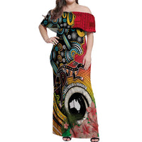 Vanuatu and Australia Together Off Shoulder Maxi Dress Kangaroo with Pig Tusk Indigenous Pattern LT03 Women Black - Polynesian Pride