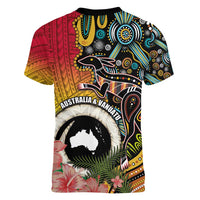 Vanuatu and Australia Together Women V-Neck T-Shirt Kangaroo with Pig Tusk Indigenous Pattern