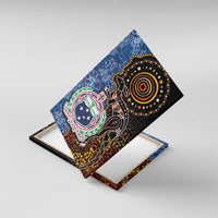 Samoa and Australia Together Canvas Wall Art Kangaroo and Tribal Hibiscus Aboriginal Pattern LT03 With Frame Blue - Polynesian Pride