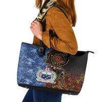 Samoa and Australia Together Leather Tote Bag Kangaroo and Tribal Hibiscus Aboriginal Pattern LT03 Blue - Polynesian Pride