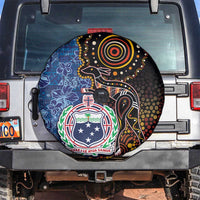 Samoa and Australia Together Spare Tire Cover Kangaroo and Tribal Hibiscus Aboriginal Pattern LT03 Blue - Polynesian Pride
