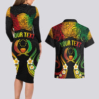 Personalised Pohnpei Independence Day Couples Matching Long Sleeve Bodycon Dress and Hawaiian Shirt Polynesian Tattoo and Plumeria Reggae Color