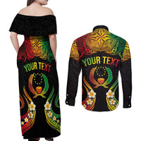 Personalised Pohnpei Independence Day Couples Matching Off Shoulder Maxi Dress and Long Sleeve Button Shirt Polynesian Tattoo and Plumeria Reggae Color LT03 - Polynesian Pride