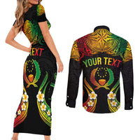 Personalised Pohnpei Independence Day Couples Matching Short Sleeve Bodycon Dress and Long Sleeve Button Shirt Polynesian Tattoo and Plumeria Reggae Color