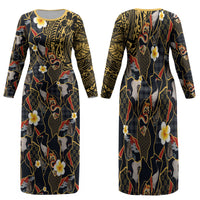 Hawaiian and Japanese Family Matching Long Sleeve Bodycon Dress and Hawaiian Shirt Polynesian Tattoo with Japanese Culture Kintsugi Style LT03 Mom's Dress Multicolor - Polynesian Pride