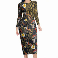 Hawaiian and Japanese Long Sleeve Bodycon Dress Polynesian Tattoo with Japanese Culture Kintsugi Style LT03 Long Dress Multicolor - Polynesian Pride