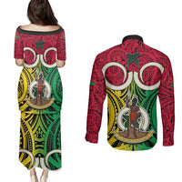 Vanuatu Couples Matching Puletasi Dress and Long Sleeve Button Shirts Pig Tusk Mix Maori Pattern and Namele Leaf LT03 - Polynesian Pride