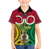 Vanuatu Family Matching Off Shoulder Long Sleeve Dress and Hawaiian Shirt Pig Tusk Mix Maori Pattern and Namele Leaf LT03 Son's Shirt Red - Polynesian Pride