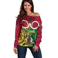 Vanuatu Off Shoulder Sweater Pig Tusk Mix Maori Pattern and Namele Leaf LT03 Women Red - Polynesian Pride