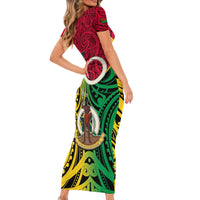 Vanuatu Short Sleeve Bodycon Dress Pig Tusk Mix Maori Pattern and Namele Leaf LT03 - Polynesian Pride
