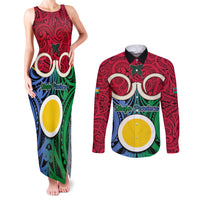 Vanuatu Shefa Province Couples Matching Tank Maxi Dress and Long Sleeve Button Shirts Pig Tusk Mix Maori Pattern and Namele Leaf LT03 Red - Polynesian Pride