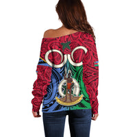 Vanuatu Shefa Province Off Shoulder Sweater Pig Tusk Mix Maori Pattern and Namele Leaf LT03 - Polynesian Pride