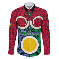 Personalised Vanuatu Shefa Province Family Matching Off Shoulder Short Dress and Hawaiian Shirt Pig Tusk Mix Maori Pattern and Namele Leaf LT03 Dad's Shirt - Long Sleeve Red - Polynesian Pride