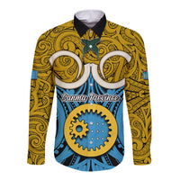Vanuatu Sanma Province Long Sleeve Button Shirt Pig Tusk Mix Maori Pattern and Namele Leaf LT03 Unisex Blue - Polynesian Pride