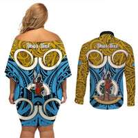 Personalised Vanuatu Sanma Province Couples Matching Off Shoulder Short Dress and Long Sleeve Button Shirts Pig Tusk Mix Maori Pattern and Namele Leaf LT03 - Polynesian Pride