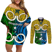 Vanuatu Malampa Province Couples Matching Off Shoulder Short Dress and Long Sleeve Button Shirts Pig Tusk Mix Maori Pattern and Namele Leaf LT03 Yellow - Polynesian Pride
