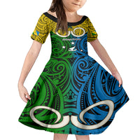 Vanuatu Malampa Province Family Matching Off Shoulder Long Sleeve Dress and Hawaiian Shirt Pig Tusk Mix Maori Pattern and Namele Leaf LT03 Daughter's Dress Yellow - Polynesian Pride