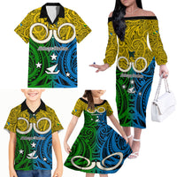 Vanuatu Malampa Province Family Matching Off Shoulder Long Sleeve Dress and Hawaiian Shirt Pig Tusk Mix Maori Pattern and Namele Leaf LT03 - Polynesian Pride