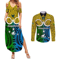 Personalised Vanuatu Malampa Province Couples Matching Summer Maxi Dress and Long Sleeve Button Shirts Pig Tusk Mix Maori Pattern and Namele Leaf LT03 Yellow - Polynesian Pride