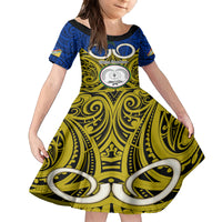 Vanuatu Torba Province Family Matching Tank Maxi Dress and Hawaiian Shirt Pig Tusk Mix Maori Pattern and Namele Leaf LT03 Daughter's Dress Blue - Polynesian Pride