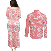Hawaii Kauai Island Couples Matching Puletasi Dress and Long Sleeve Button Shirts Hibiscus Pattern Seamless Tribal Simple Pink Pastel LT03 - Polynesian Pride
