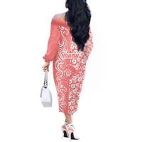 Hawaii Kauai Island Off The Shoulder Long Sleeve Dress Hibiscus Pattern Seamless Tribal Simple Pink Pastel LT03 - Polynesian Pride