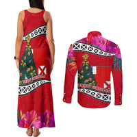 Wallis and Futuna Christmas Couples Matching Tank Maxi Dress and Long Sleeve Button Shirt Santa Claus Holding Coat of Arms Polynesian Xmas Style LT03 - Polynesian Pride