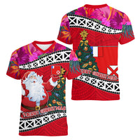Wallis and Futuna Christmas Women V Neck T Shirt Santa Claus Holding Coat of Arms Polynesian Xmas Style LT03 - Polynesian Pride