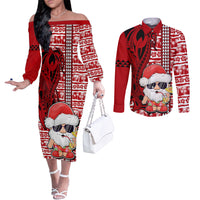 Mele Kalikimaka Hawaii Christmas Couples Matching Off The Shoulder Long Sleeve Dress and Long Sleeve Button Shirt Santa Claus Kakau Tribal Mix Polynesia Tattoo LT03 Red - Polynesian Pride