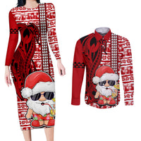 Custom Mele Kalikimaka Hawaii Christmas Couples Matching Long Sleeve Bodycon Dress and Long Sleeve Button Shirt Santa Claus Kakau Tribal Mix Polynesia Tattoo LT03 Red - Polynesian Pride