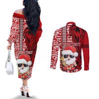 Custom Mele Kalikimaka Hawaii Christmas Couples Matching Off The Shoulder Long Sleeve Dress and Long Sleeve Button Shirt Santa Claus Kakau Tribal Mix Polynesia Tattoo LT03 - Polynesian Pride