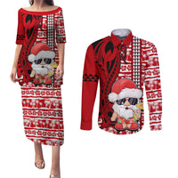 Custom Mele Kalikimaka Hawaii Christmas Couples Matching Puletasi Dress and Long Sleeve Button Shirt Santa Claus Kakau Tribal Mix Polynesia Tattoo LT03 Red - Polynesian Pride