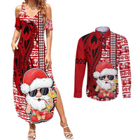 Custom Mele Kalikimaka Hawaii Christmas Couples Matching Summer Maxi Dress and Long Sleeve Button Shirt Santa Claus Kakau Tribal Mix Polynesia Tattoo LT03 Red - Polynesian Pride