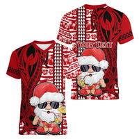 Custom Mele Kalikimaka Hawaii Christmas Women V Neck T Shirt Santa Claus Kakau Tribal Mix Polynesia Tattoo LT03 - Polynesian Pride