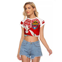 Mate Ma'a Tonga Raglan Cropped T-Shirt - Double White Dove and Kupesi Ngatu Art Tattoo LT03 Female Red - Polynesian Pride