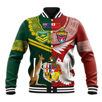 Custom Mate Ma'a Tonga and Australia Kangaroo Baseball Jacket Nation Seal with Mascot Aboriginal and Tongan Kupesi Ngatu Art LT03 Unisex Red - Polynesian Pride