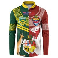 Custom Mate Ma'a Tonga and Australia Kangaroo Button Sweatshirt Nation Seal with Mascot Aboriginal and Tongan Kupesi Ngatu Art LT03 Red - Polynesian Pride