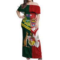 Custom Mate Ma'a Tonga and Australia Kangaroo Off Shoulder Maxi Dress Nation Seal with Mascot Aboriginal and Tongan Kupesi Ngatu Art