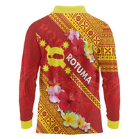 Rotuma Island Long Sleeve Polo Shirt Fijian Tapa with Polynesian Art and Hibiscus