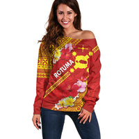 Rotuma Island Off Shoulder Sweater Fijian Tapa with Polynesian Art and Hibiscus