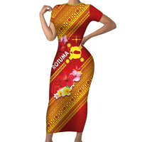 Rotuma Island Short Sleeve Bodycon Dress Fijian Tapa with Polynesian Art and Hibiscus