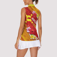 Rotuma Island Women Sleeveless Polo Shirt Fijian Tapa with Polynesian Art and Hibiscus
