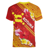 Rotuma Island Women V-Neck T-Shirt Fijian Tapa with Polynesian Art and Hibiscus