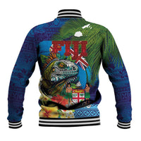 Fiji Iguana-Coat of Arms Baseball Jacket with Hibiscus and Plumeria Palm Tree Tapa Art